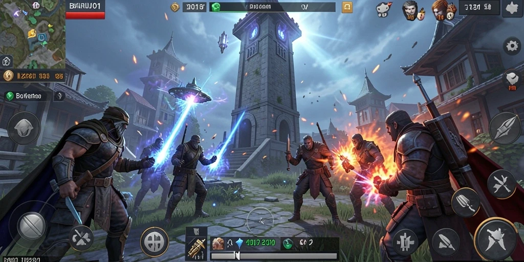 Tampilan menara dan pertarungan seru dalam game Tower Defense.