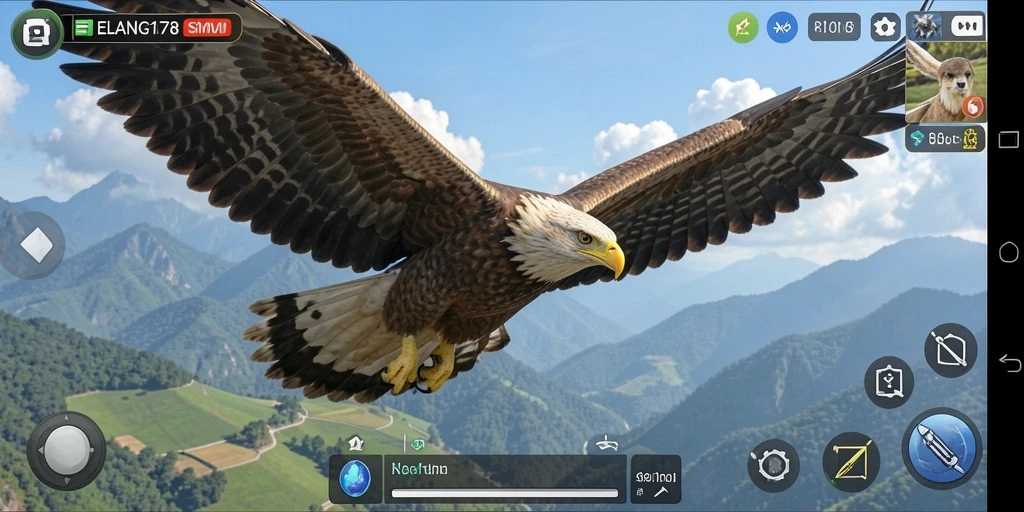 Screenshot gameplay ELANG178 menampilkan elang terbang di atas pegunungan yang indah.