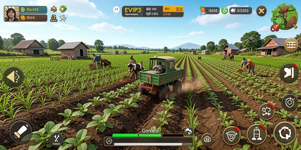Tangkapan layar gameplay EVIP3 dengan aktivitas bertani yang seru.