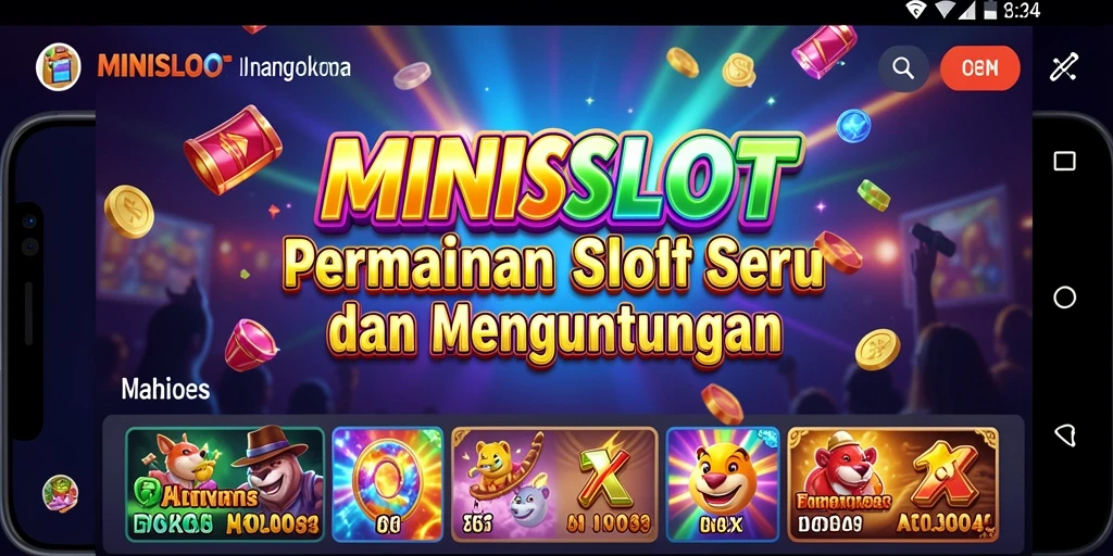 Tangkapan layar gameplay MINISLOT dengan gulungan berputar dan simbol kemenangan.
