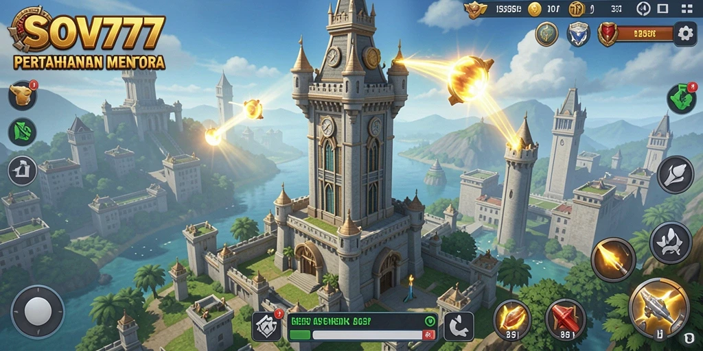 Screenshot gameplay SOV777 menampilkan aksi menara melawan musuh.
