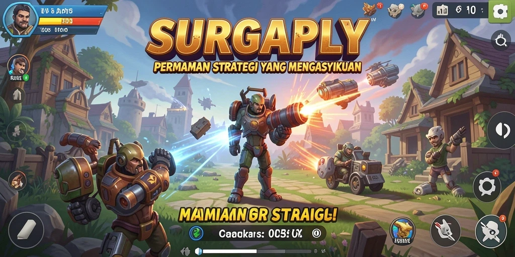 Screenshot utama SURGAPLY menampilkan pertarungan taktis yang mendebarkan.
