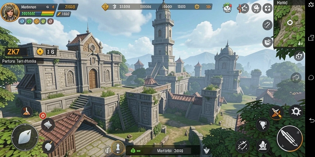 Tampilan gameplay ZK7 dengan menara yang megah dan musuh yang menyerang.